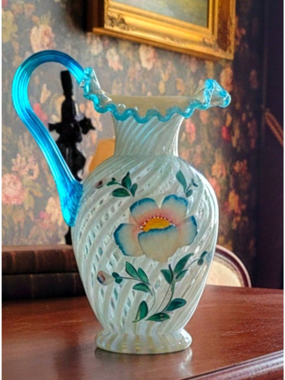 FENTON Hand-Painted Art Glass 90th Ann. Pitcher Blue Handle Floral Design, MINT